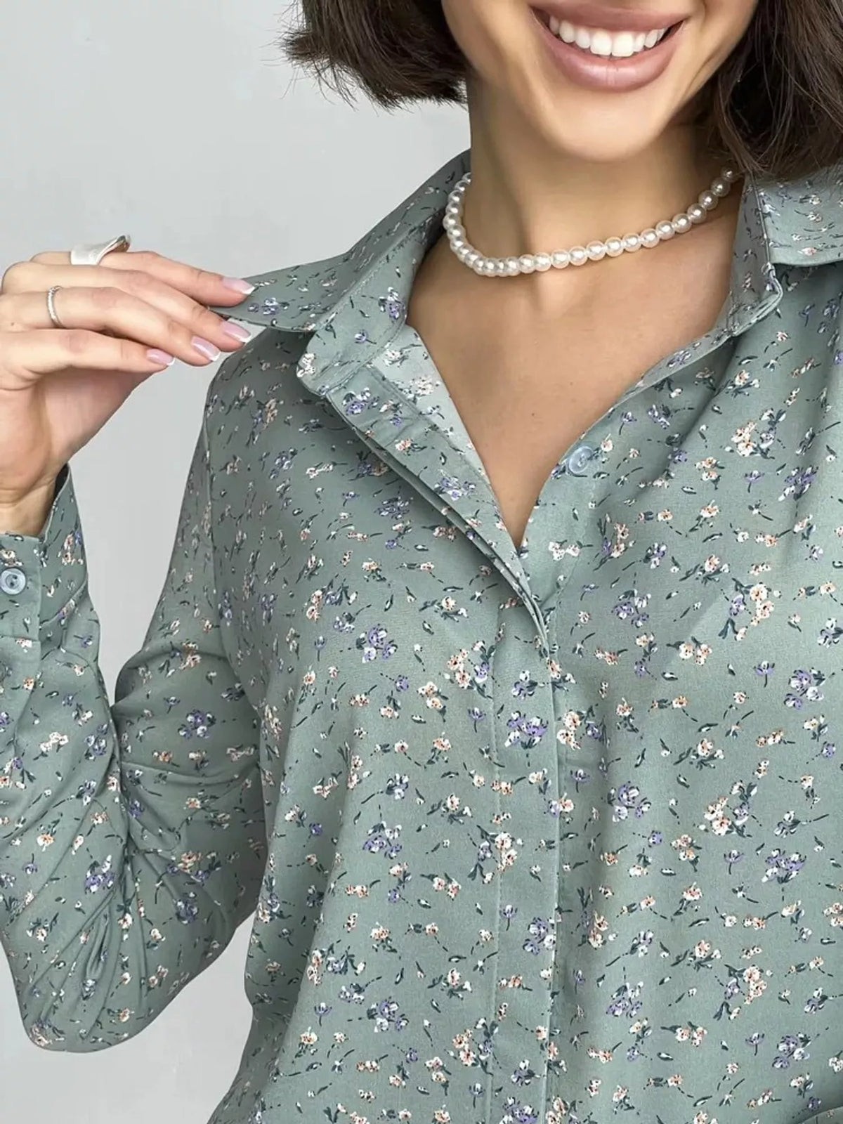 Button Up Long-Sleeve Shirt - Light Green-Ditsy Floral - View 34