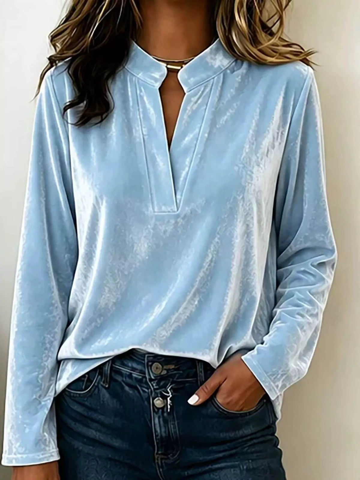 Full Size Velvet Notched Long Sleeve Blouse Plus Size - Sky Blue - View 1