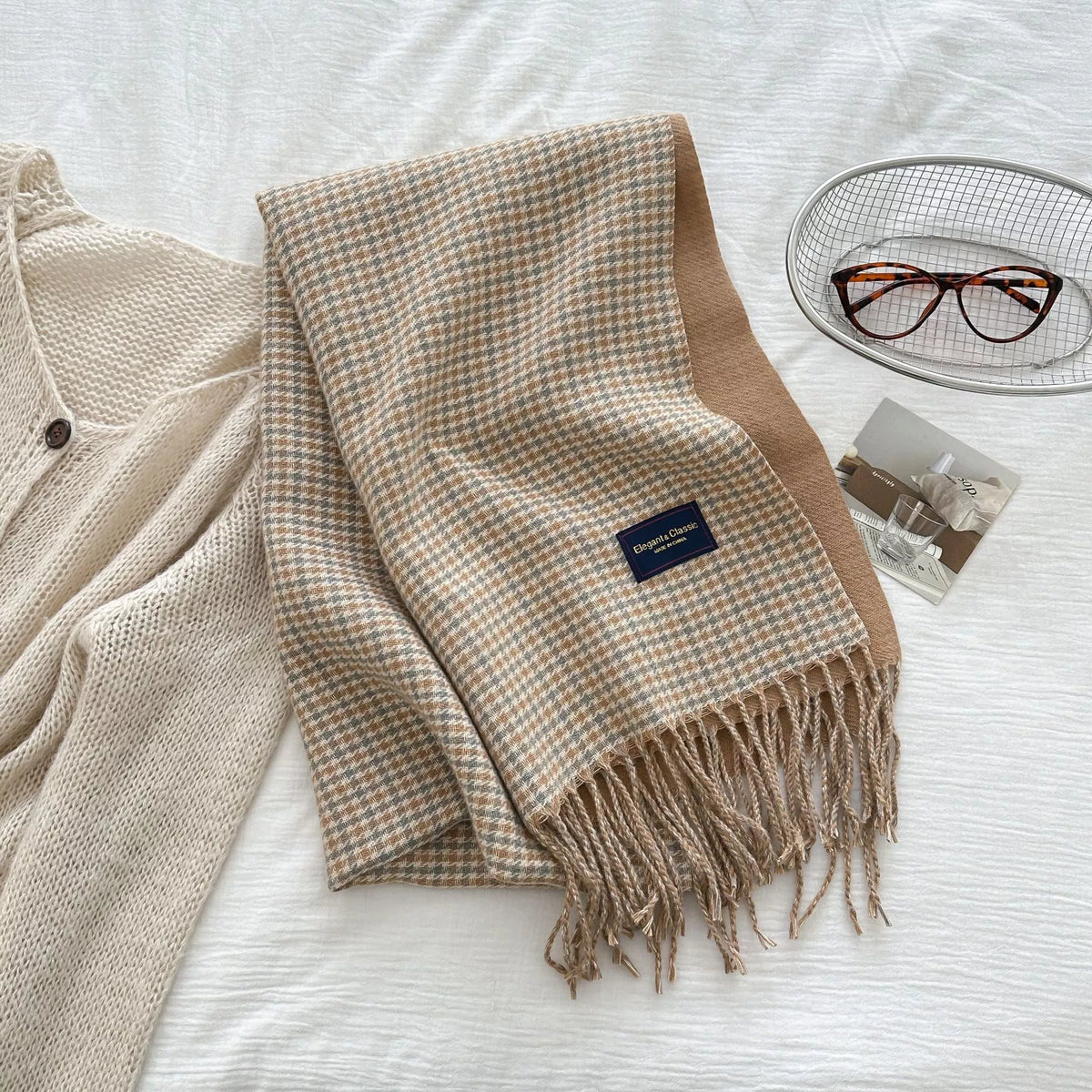 Plaid Fringe Warm Winter Scarf - Ivory - View 6