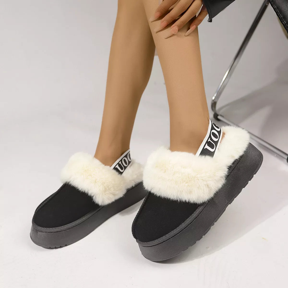 Round Toe Fur Trim Platform Slippers - Black - View 16