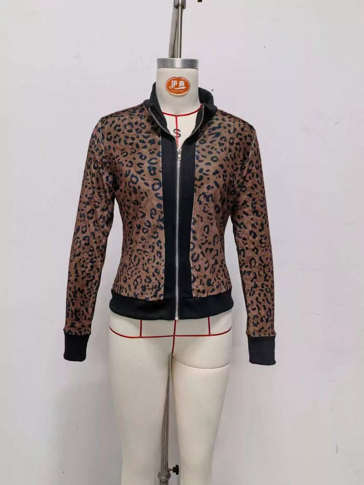 Leopard Print Knit Zip-Up Outerwear - Dark Brown - View 4