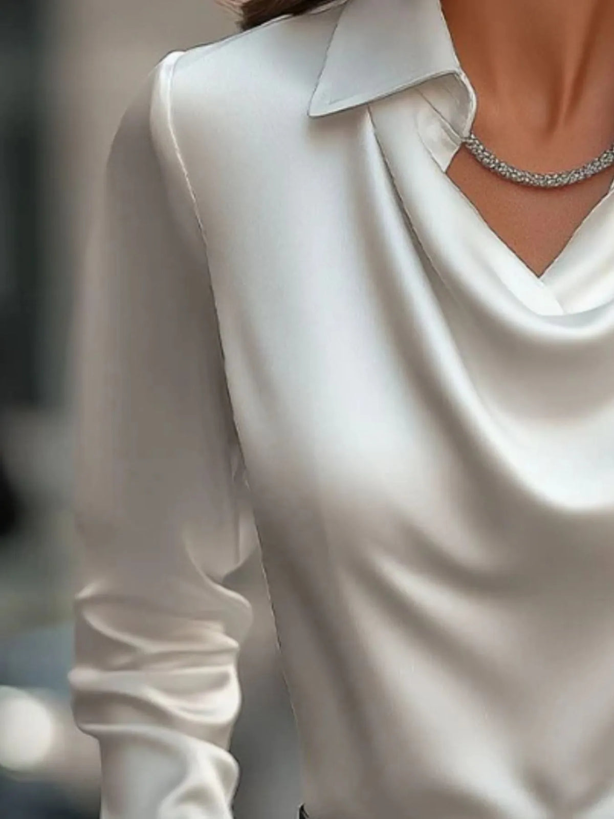 Satin Collar Long Sleeve Blouse - White - View 6
