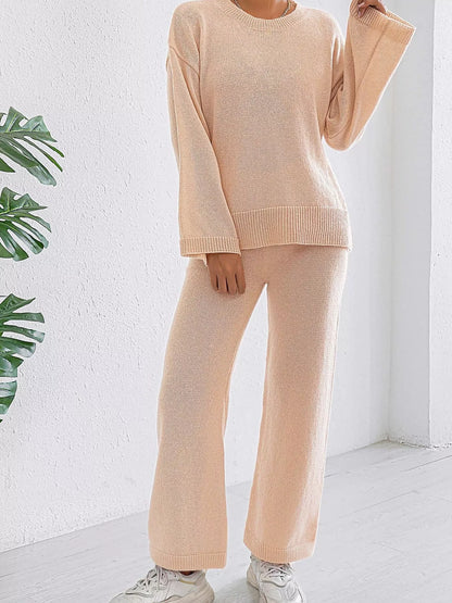 Dropped Shoulder Top and Pants Sweater Set - Apricot Suit - View 5