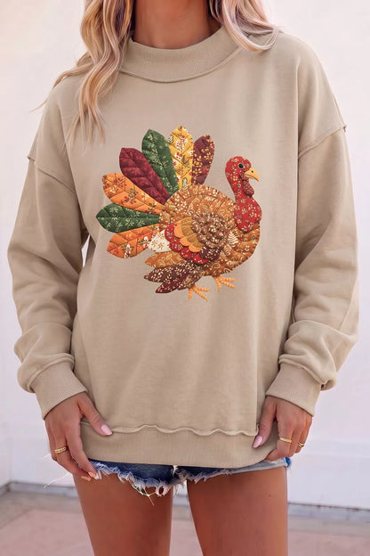 Thanksgiving Patchwork Turkey Graphic Mock Neck Sweatshirt - Khaki - View 1