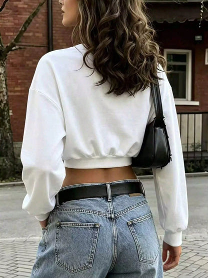 Long Sleeve Crop Sweatshirt - White - View 3