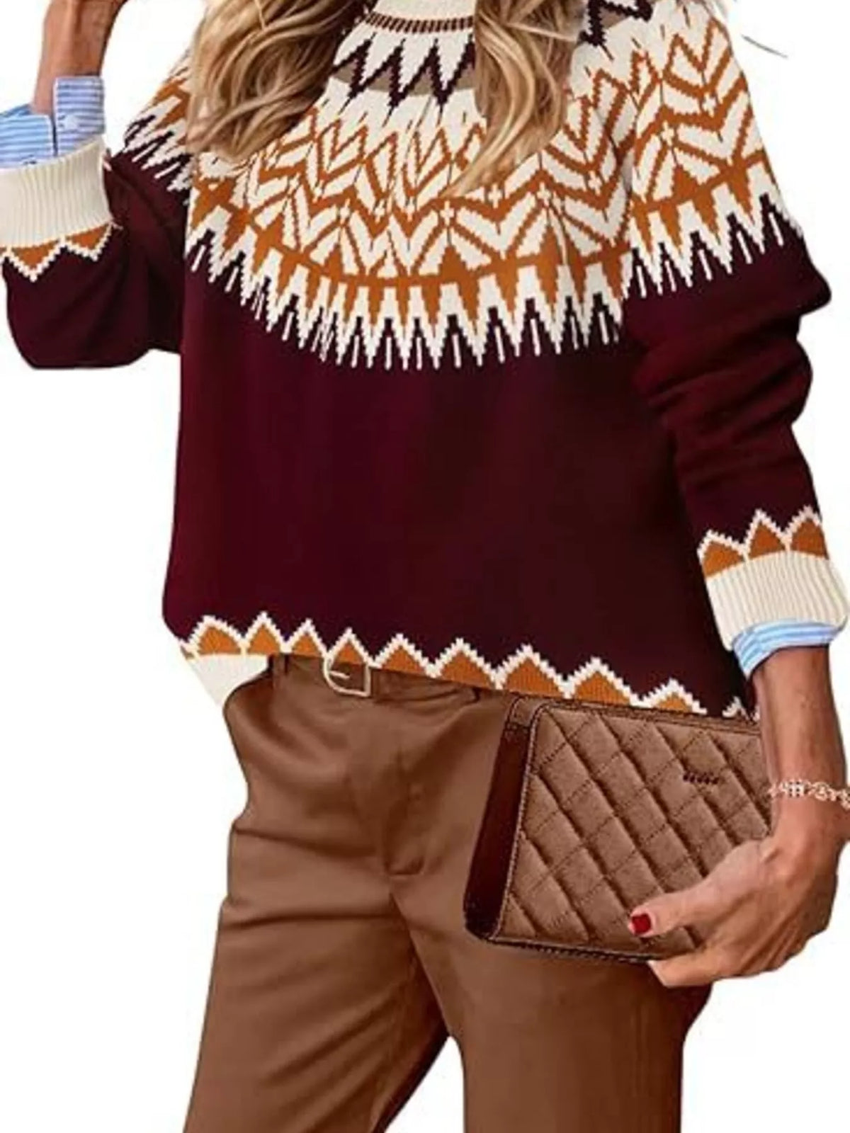 Full Size Fair Isle Patterned Long Sleeve Sweater Plus Size - Burgundy - View 1