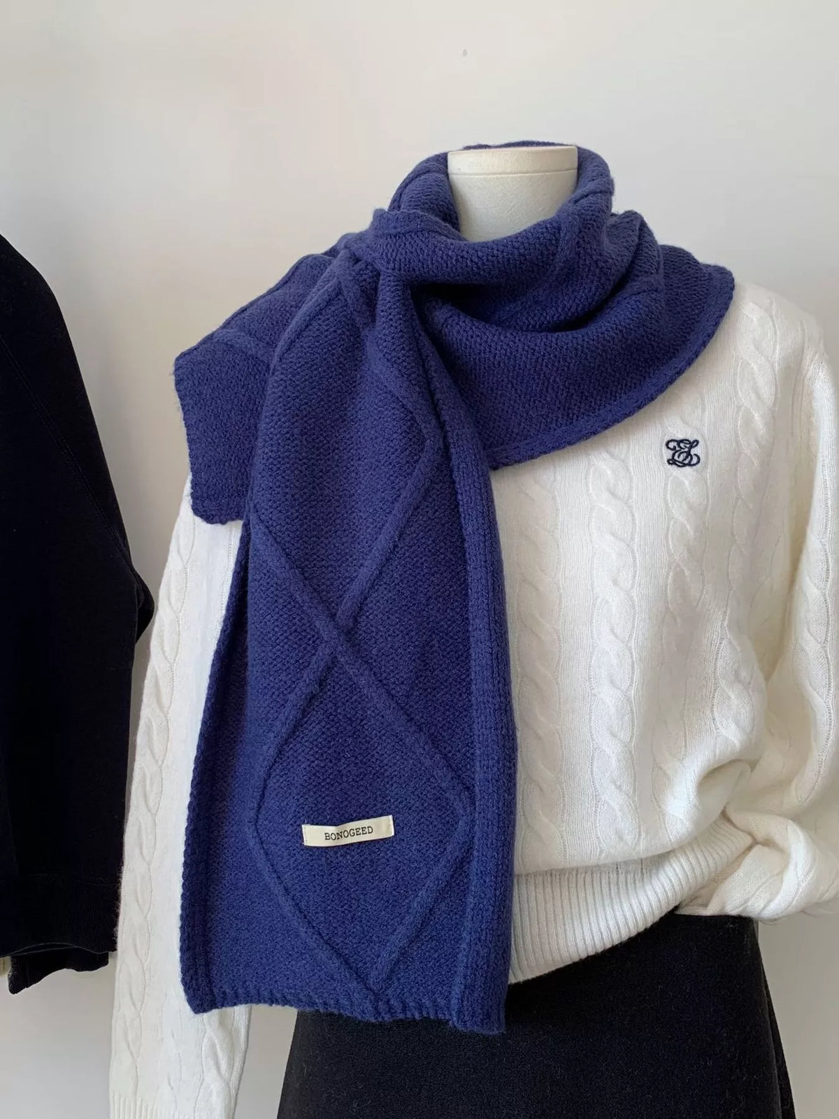 Solid Color Knitted Winter Scarf - Navy - View 6