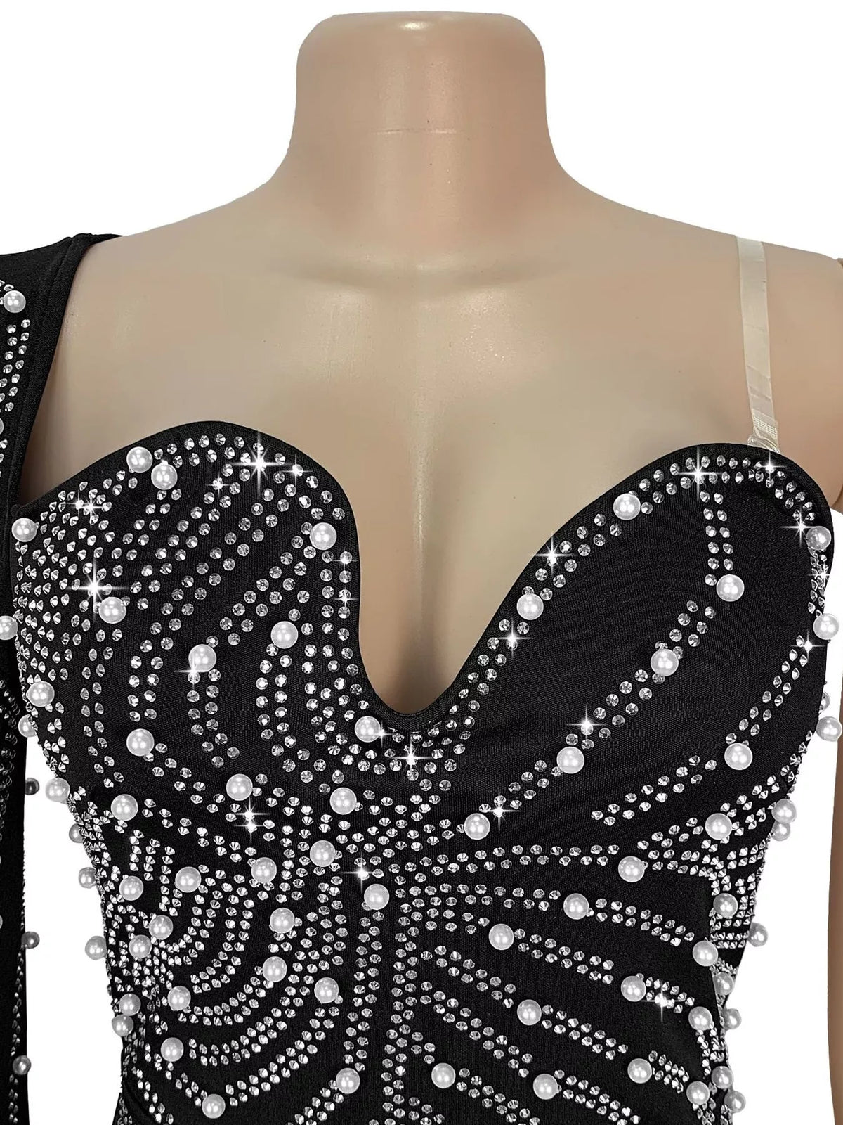 Rhinestone Pearl Detail One-Shoulder Mermaid Maxi Dress - Black - View 8