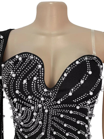 Rhinestone Pearl Detail One-Shoulder Mermaid Maxi Dress - Black - View 8