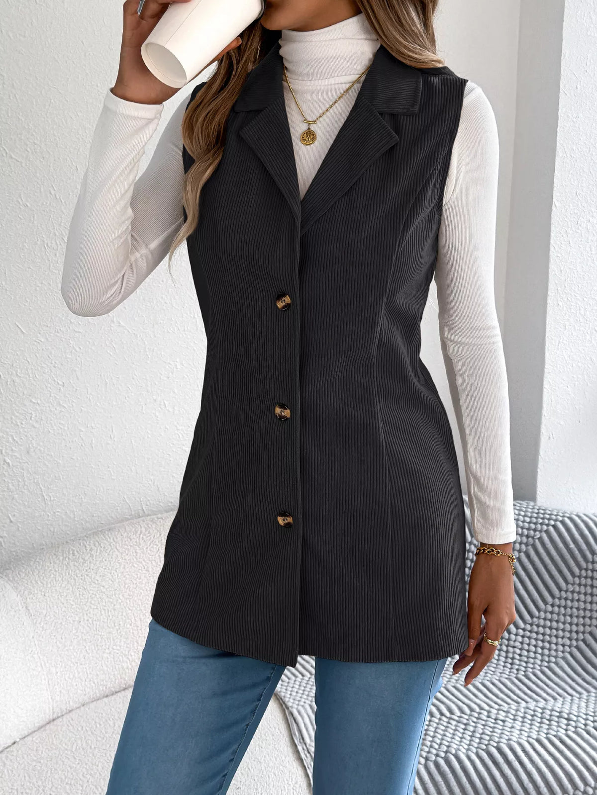 Button-Front Longline Vest Coat - Black - View 14