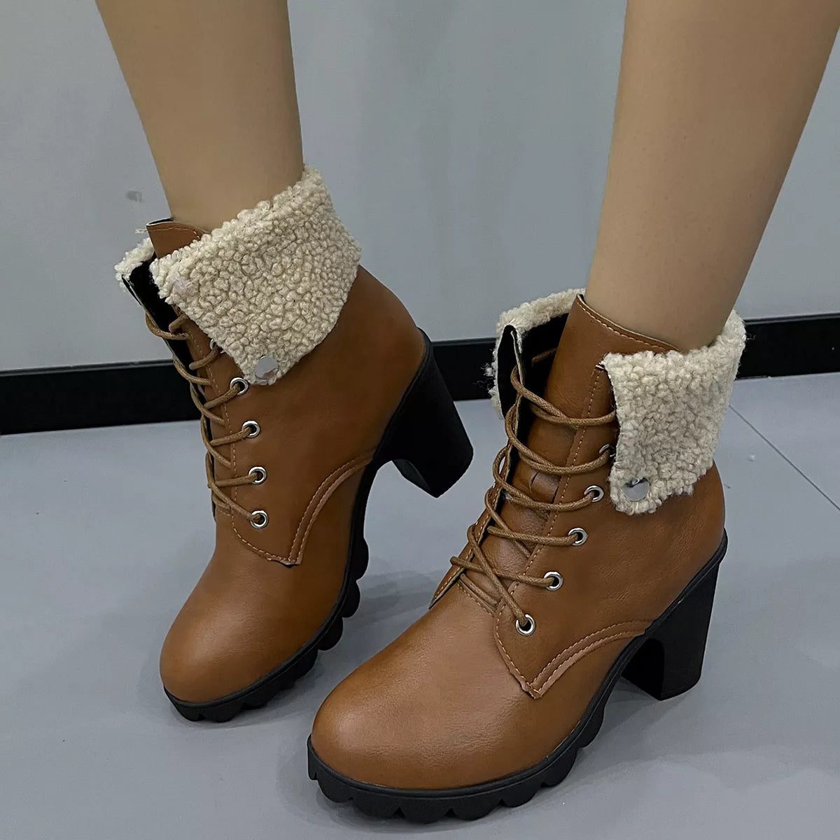 Lace Up Block Heels Boots - Light Brown - View 4
