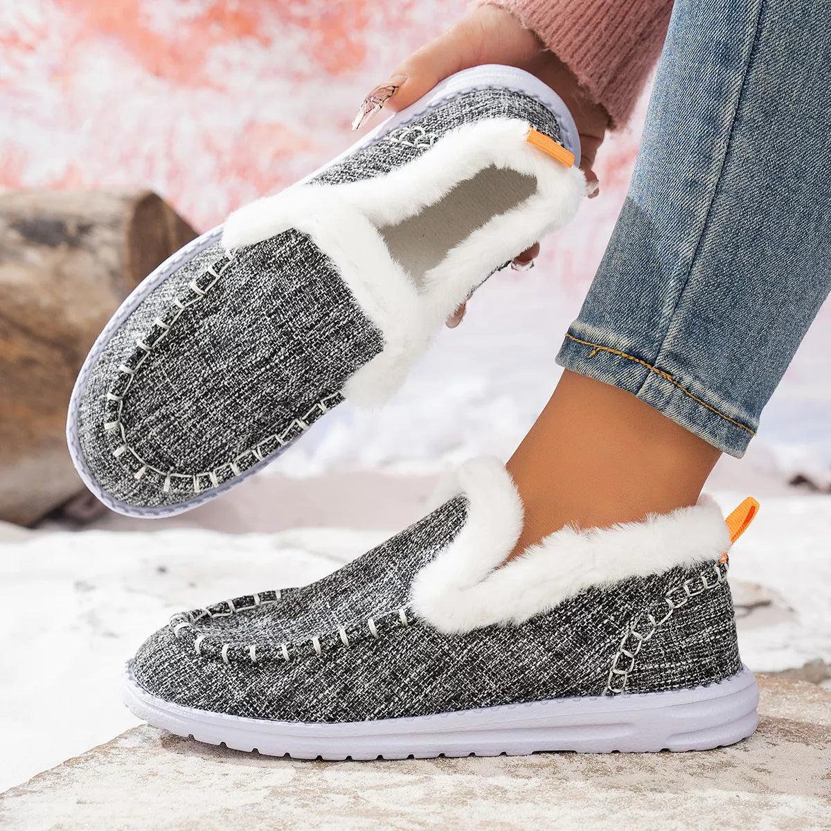 Faux Fur Lined Round Toe Shoes - Grey - View 1