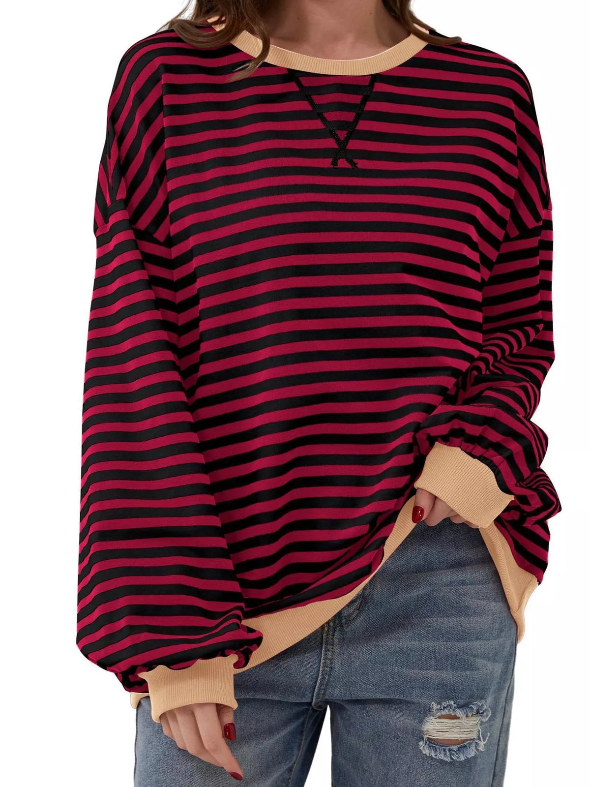 Striped Contrast Trim Oversized Sweatshirt - Burgundy - View 1