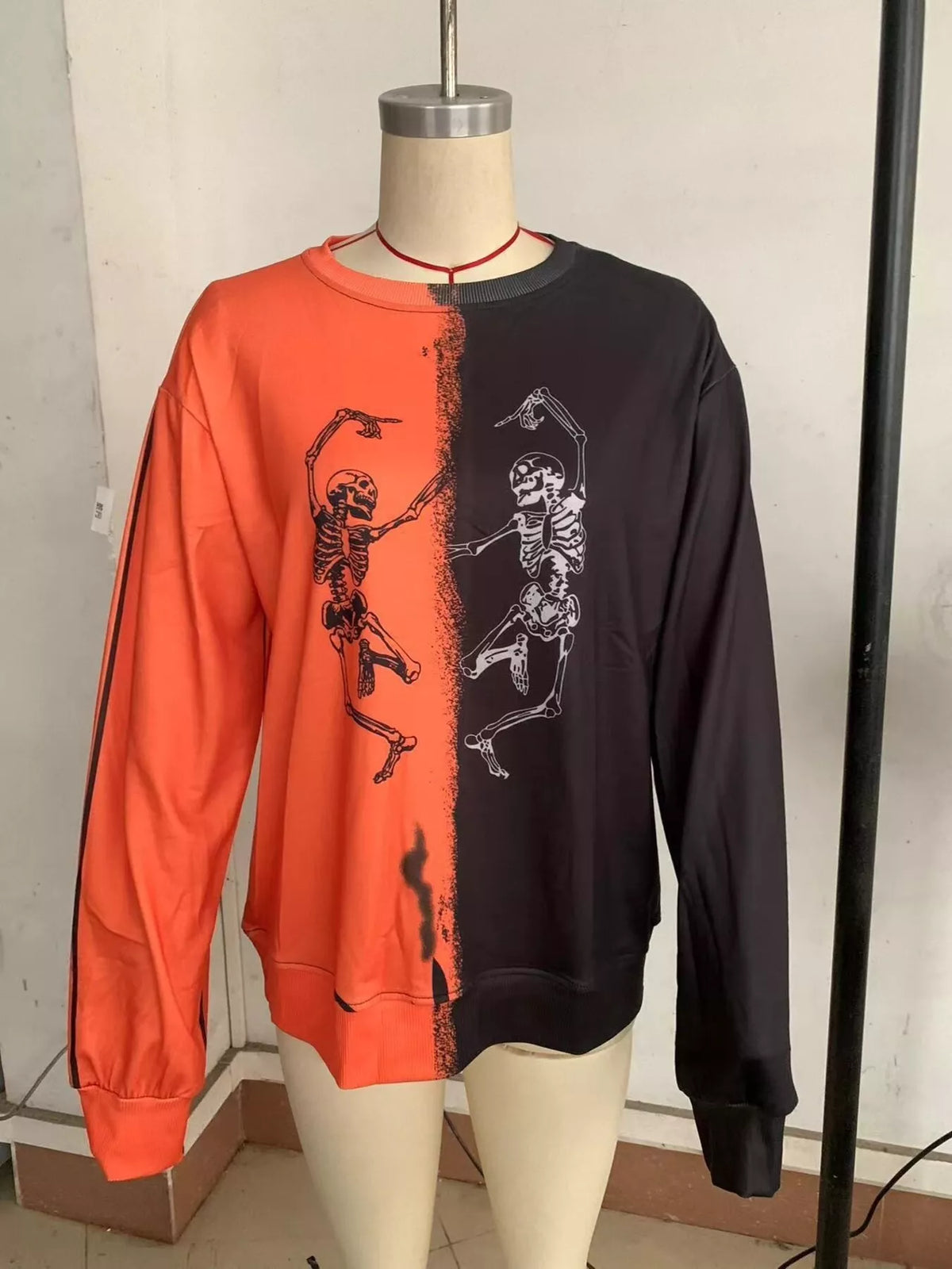 Halloween Skeleton Print Color Block Sweatshirt - Orange - View 3