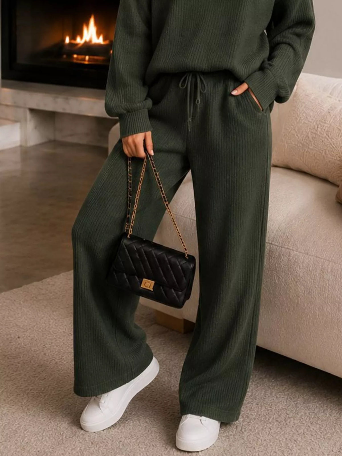 Ribbed Knit Quarter-Zip Top and Wide-Leg Pants Set - Army Green - View 3