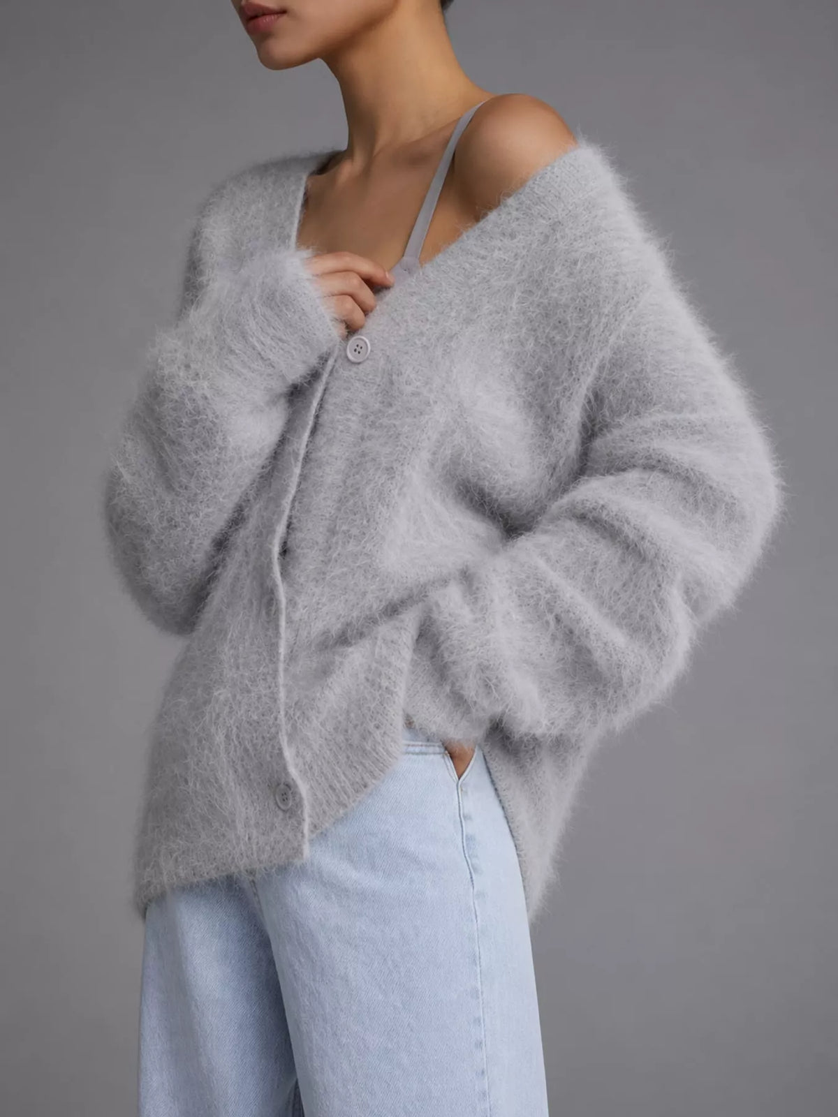 Fuzzy V-Neck Button-Down Cardigan - Light Gray - View 1