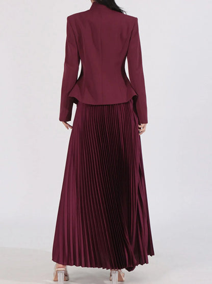 Button Up Long Sleeve Top and Pleated Skirt Set - Angora Red - View 6