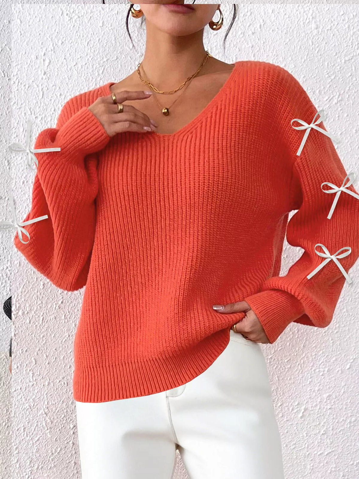 Bow-Tie Sleeve V-Neck Sweater - Orange - View 4