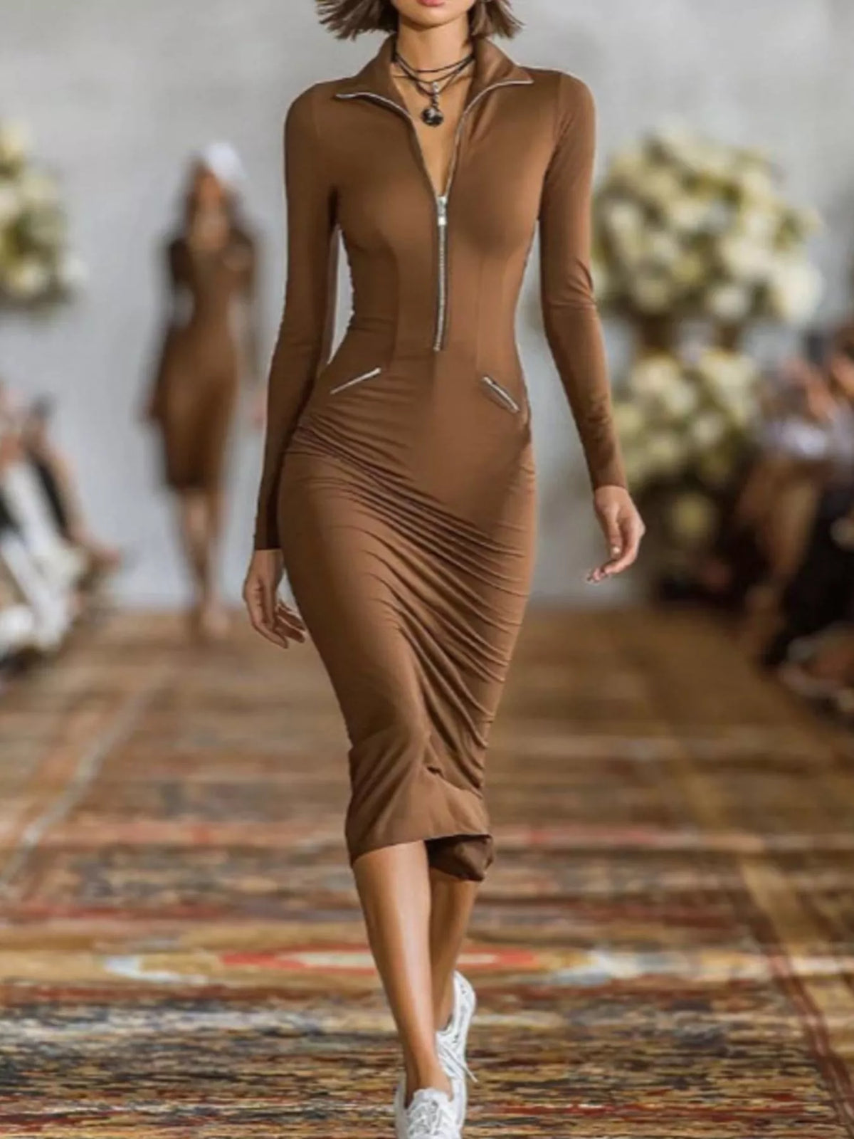 Full Size Zip-Front Bodycon Midi Dress Plus Size - Dark Brown - View 1