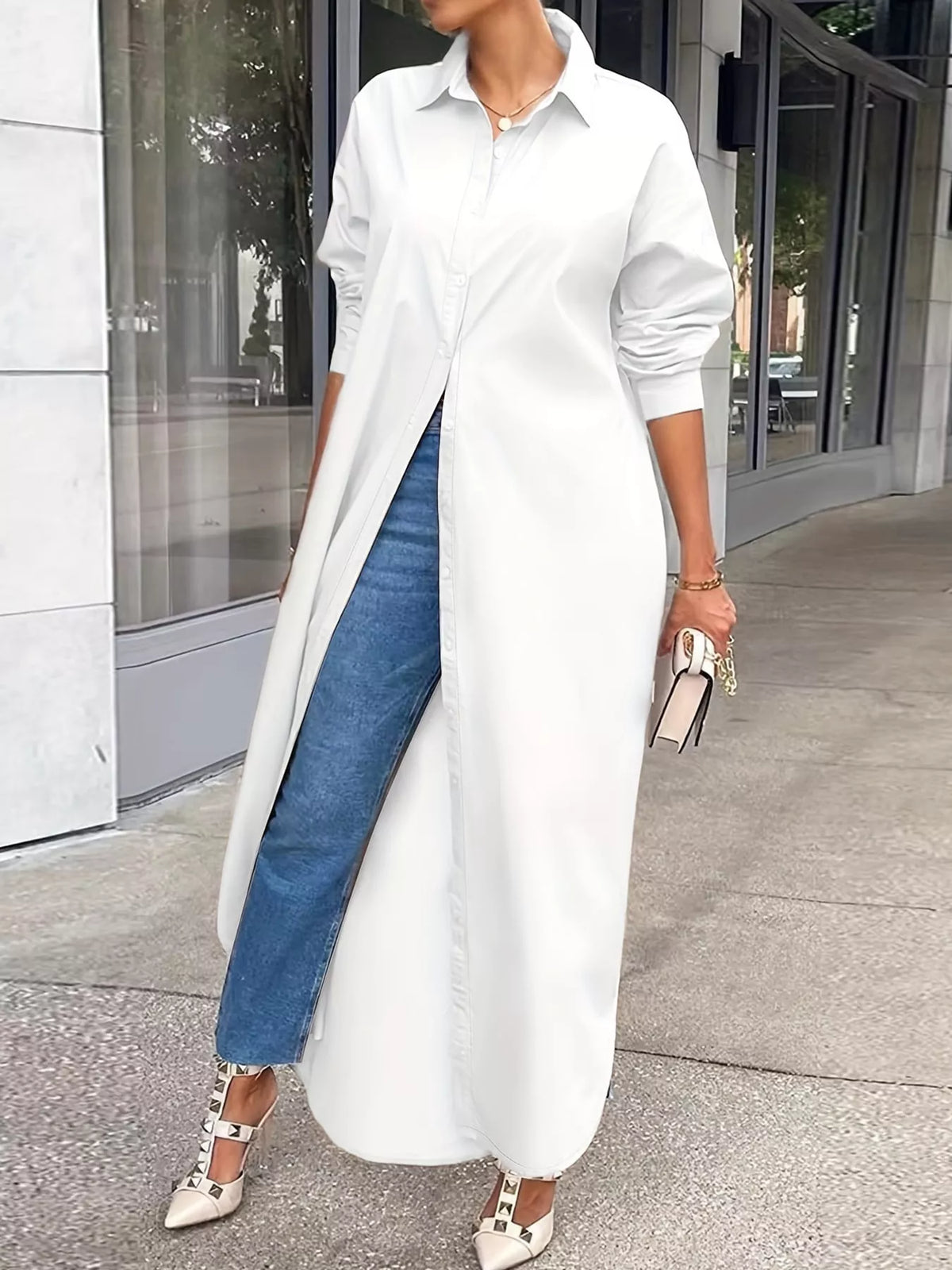 Plus Size Longline Button-Down Shirt - White - View 2