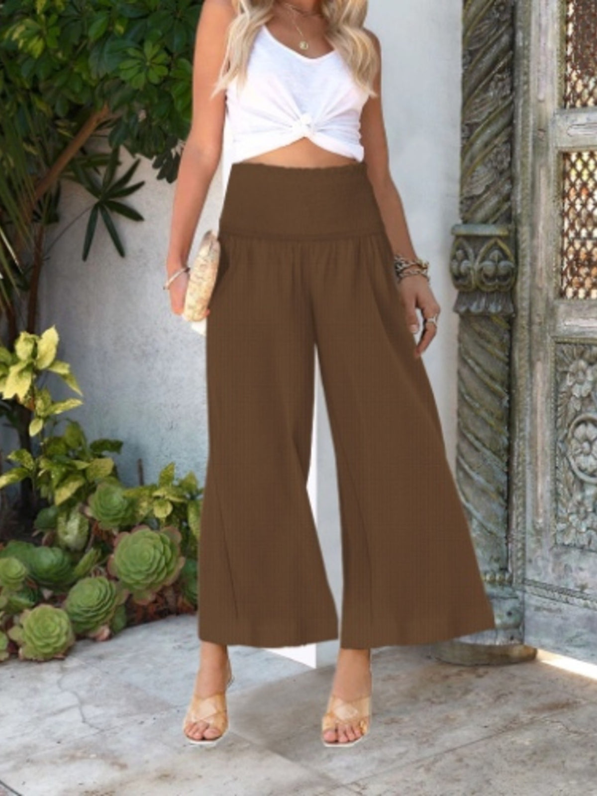 Wide-Leg Smocked Waist Pants - Coffee - View 15