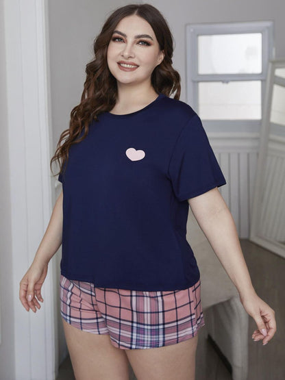 Plus Size Heart Graphic Top and Plaid Shorts Loungewear Set - Navy/Pink - View 1