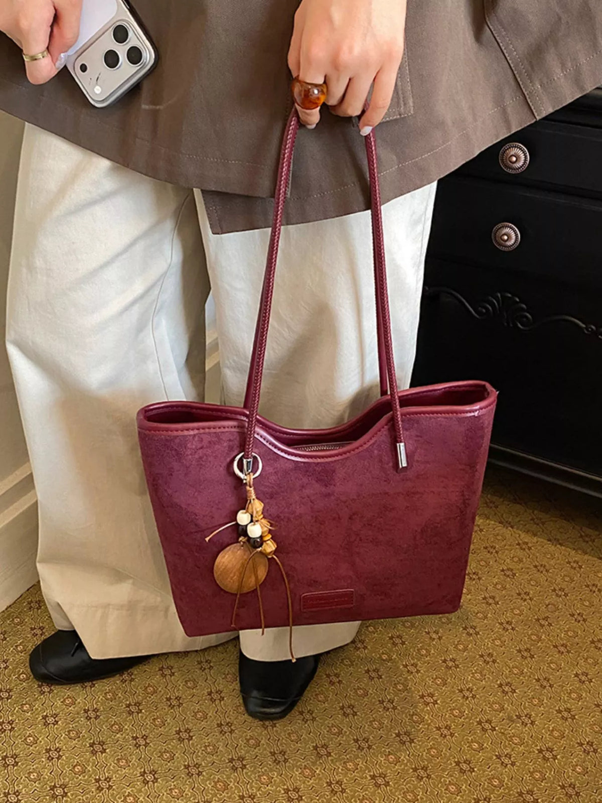 Solid Suede Shoulder Bag - Wine Red - View 2