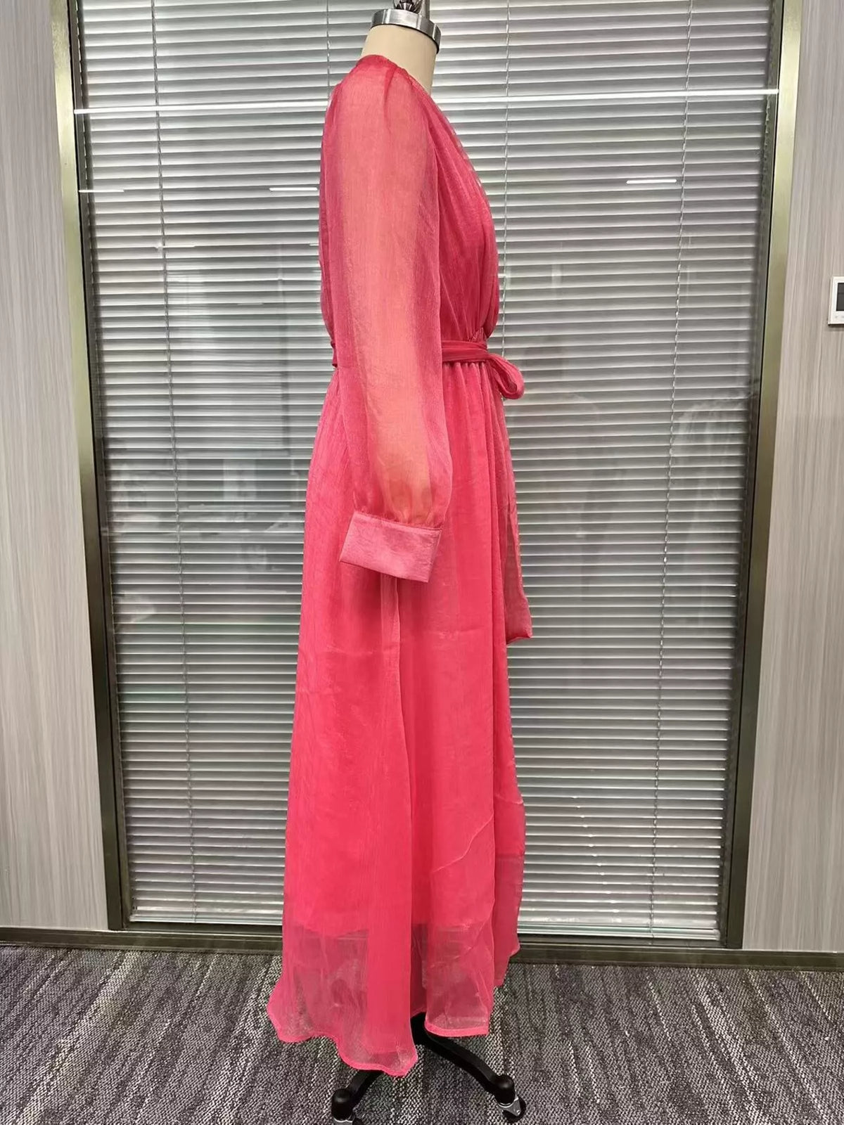 Long Sleeve Chiffon Wrap Maxi Dress with High Slit - Strawberry - View 5