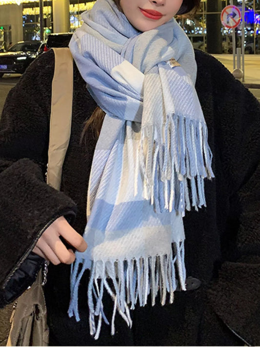 Fringe Plaid Scarf - Blue - View 1