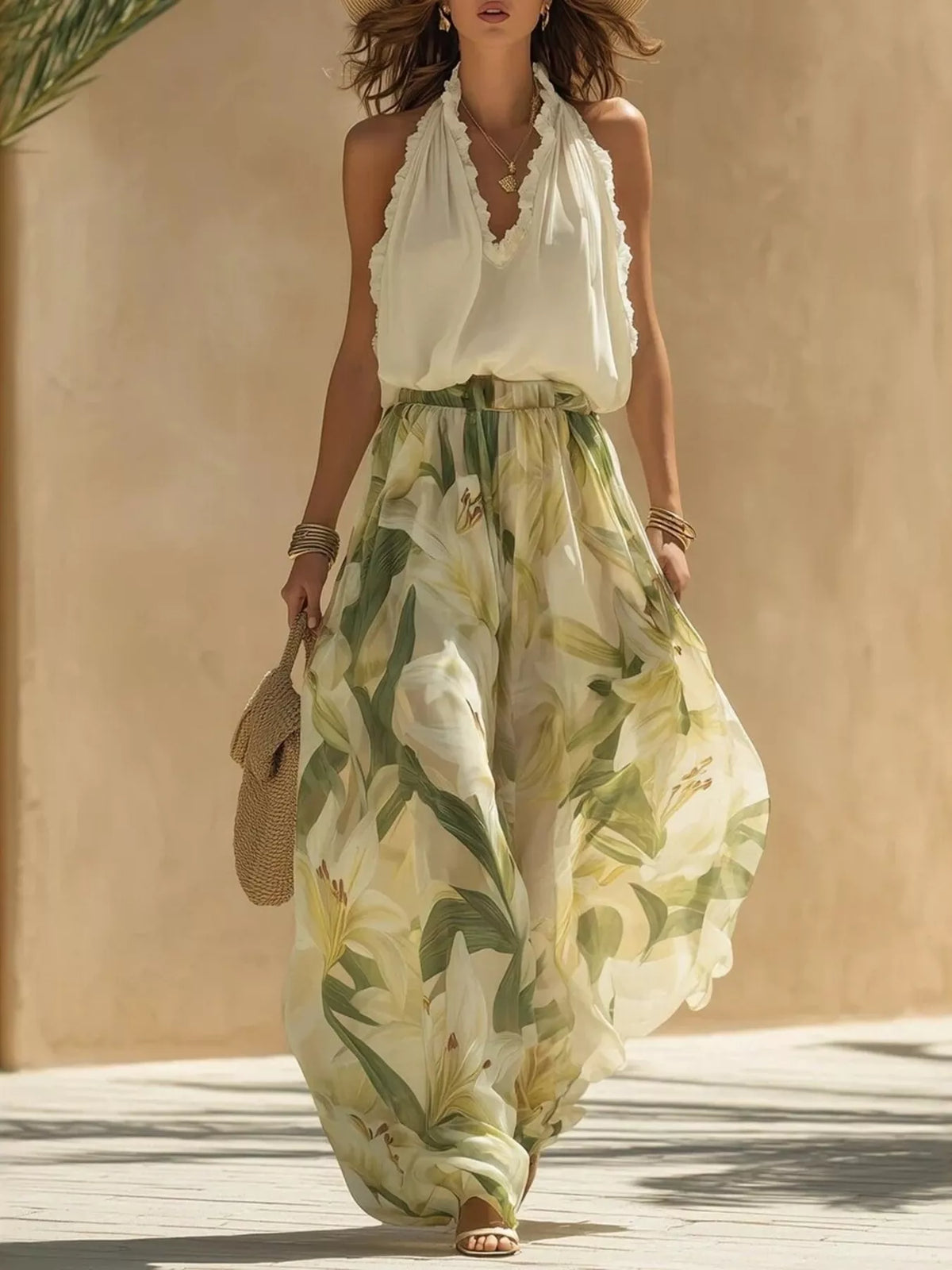 Frill Sleeveless Top and Wide-Leg Pants Two-Piece Set - Sage - View 1