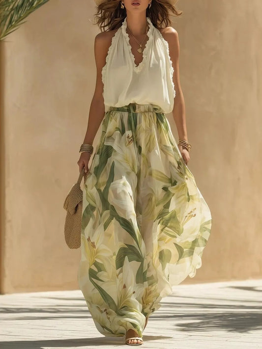 Frill Sleeveless Top and Wide-Leg Pants Two-Piece Set - Sage - View 1