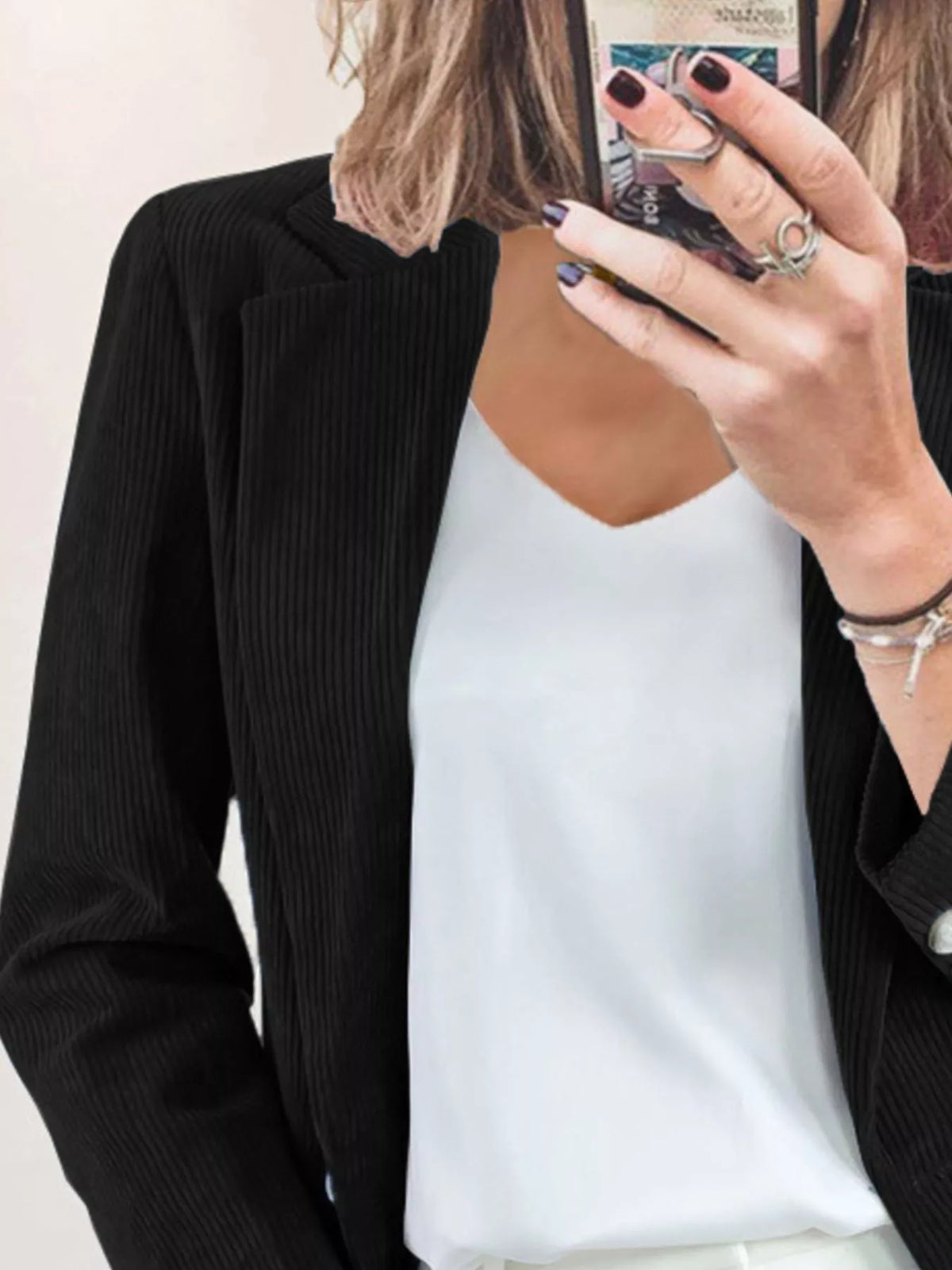 Corduroy Lapel Collar Casual Blazer - Black - View 6