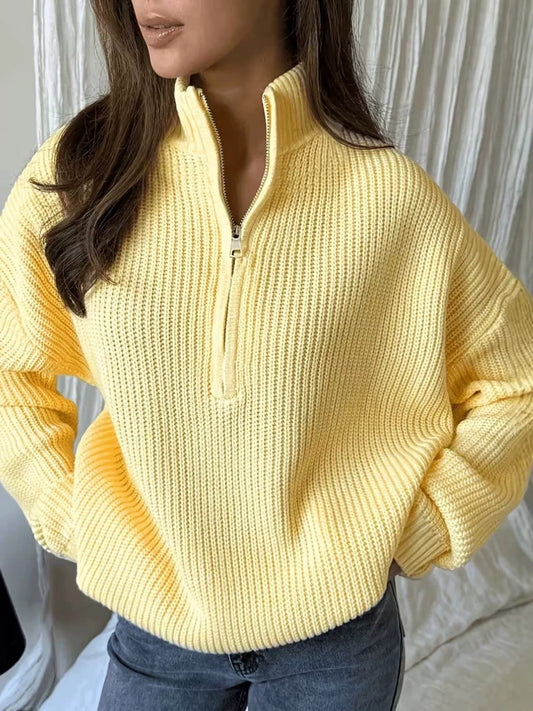 Full Size Half Zip Dropped Shoulder Sweater Plus Size - Yellow - View 1