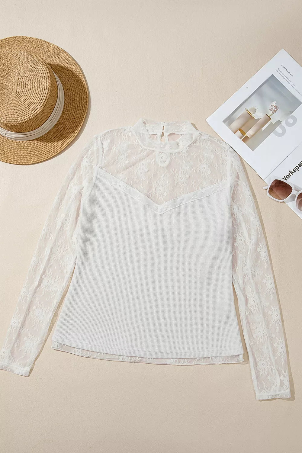 Lace Mesh Long Sleeve Top - White - View 5