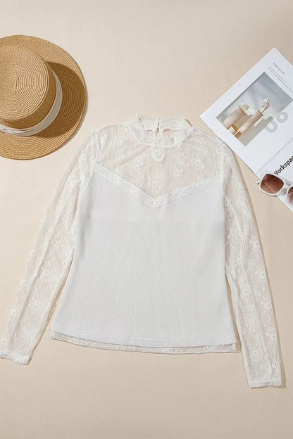 Lace Mesh Long Sleeve Top - White - View 5