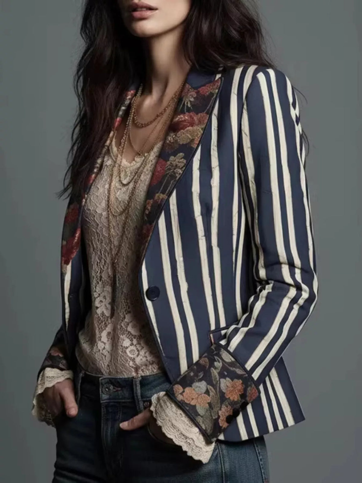 Striped Floral Contrast Slim Fit Blazer - Blue - View 2