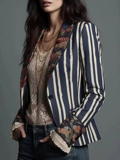 Striped Floral Contrast Slim Fit Blazer - Blue - View 2
