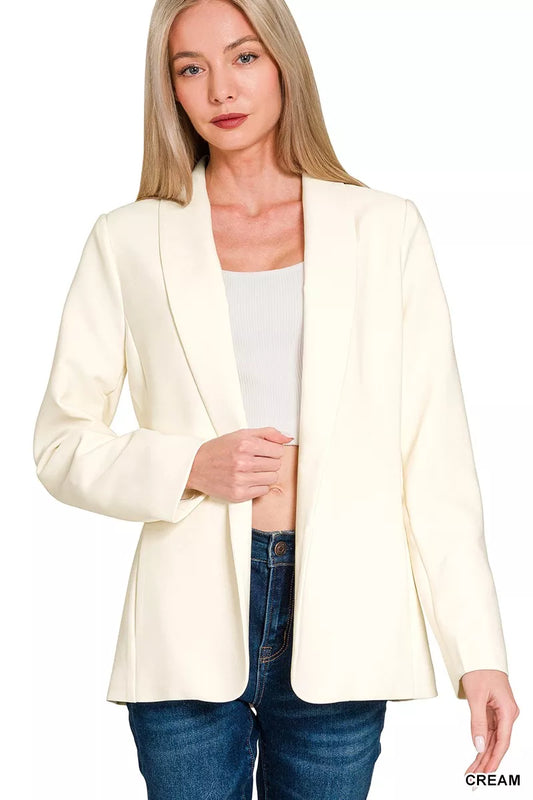 Zenana Woven Long Sleeve Blazer With Lining - CREAM - View 1