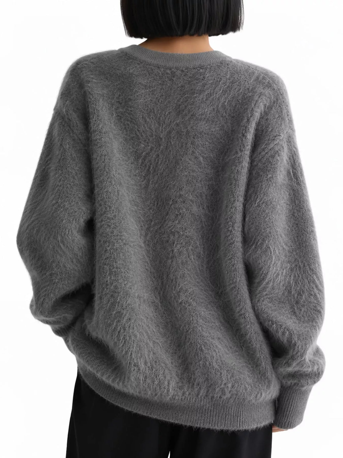 Fuzzy V-Neck Button-Down Cardigan - Gray - View 8