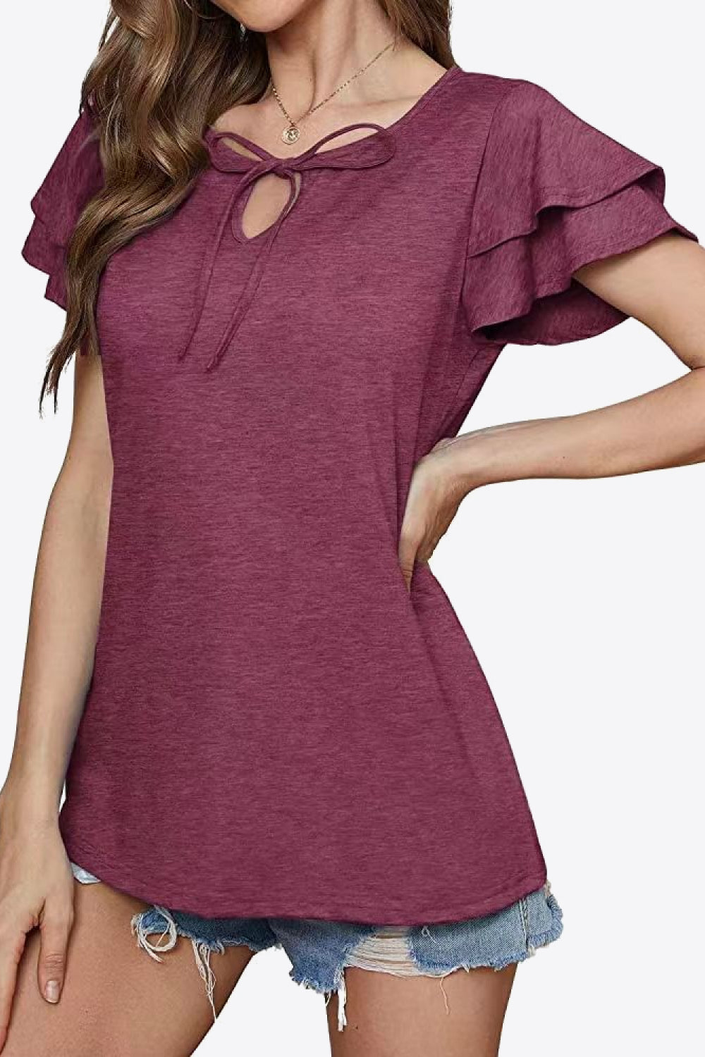 Tie-Neck Layered Flutter Sleeve Blouse - Wine - View 3