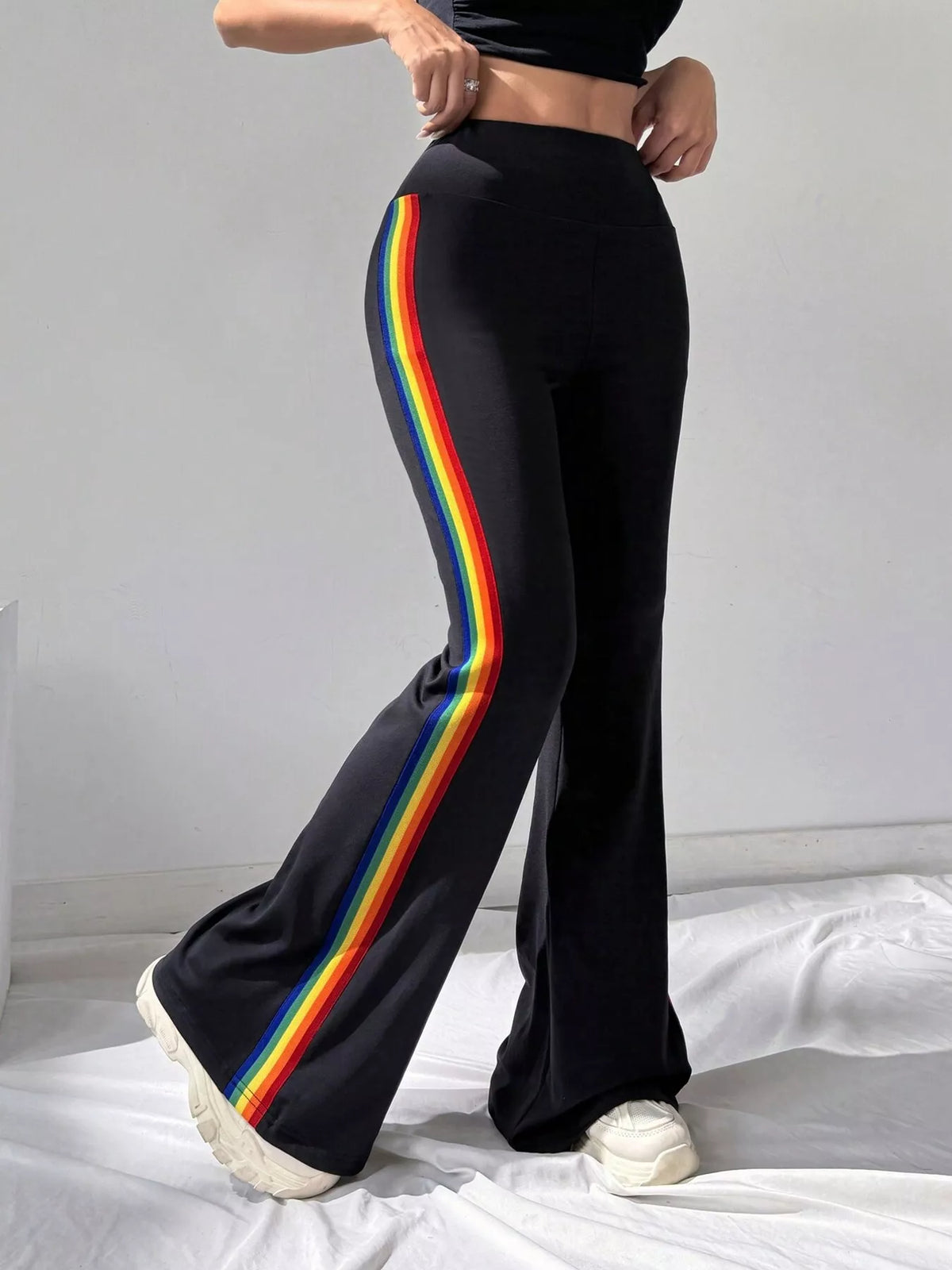 High-Waisted Side-Striped Flare Active Pants - Black and Color Strips - View 6