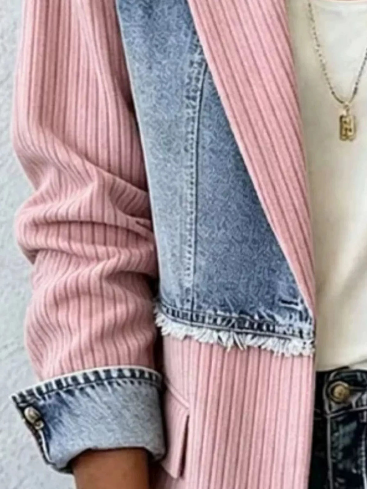 Full Size Patchwork Denim Ribbed Blazer Plus Size - Blush Pink - View 2