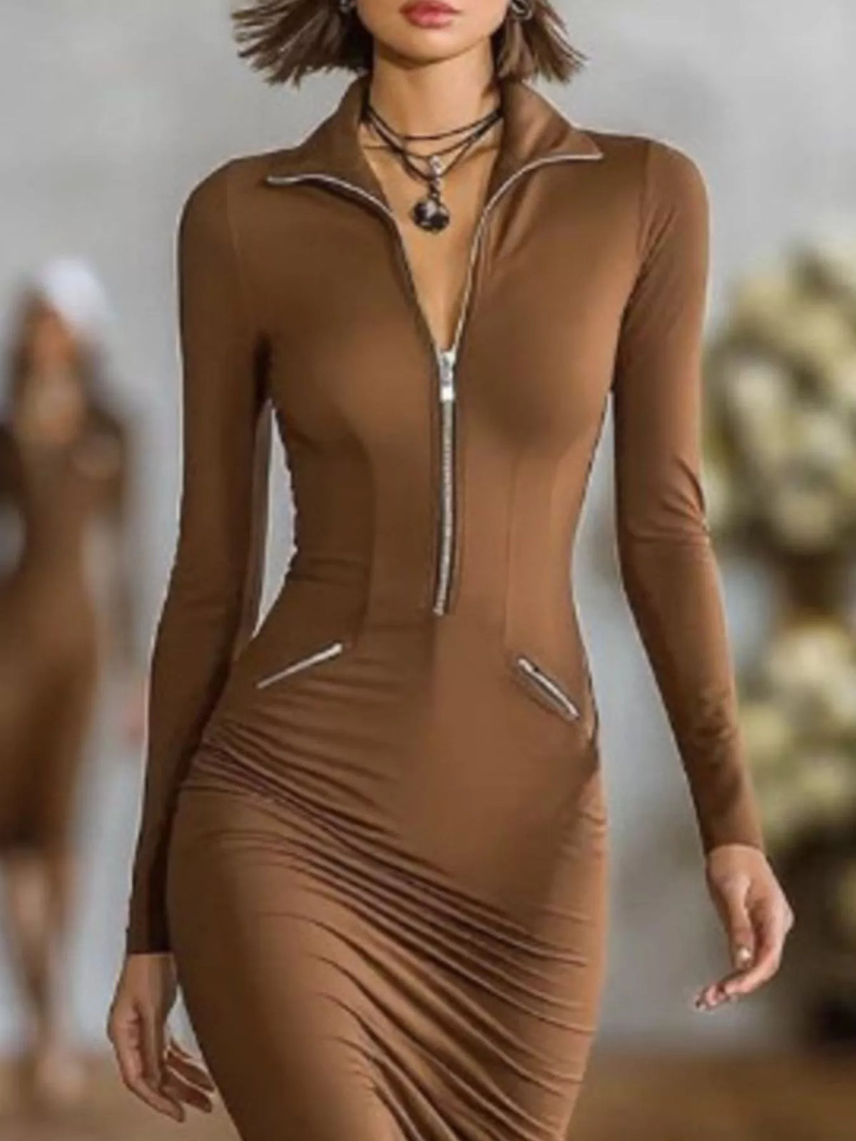 Full Size Zip-Front Bodycon Midi Dress Plus Size - Dark Brown - View 2