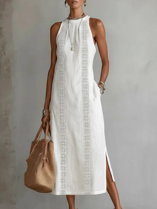 Side Slit Sleeveless Hollow-Out Trimmed Midi Dress - White - View 1