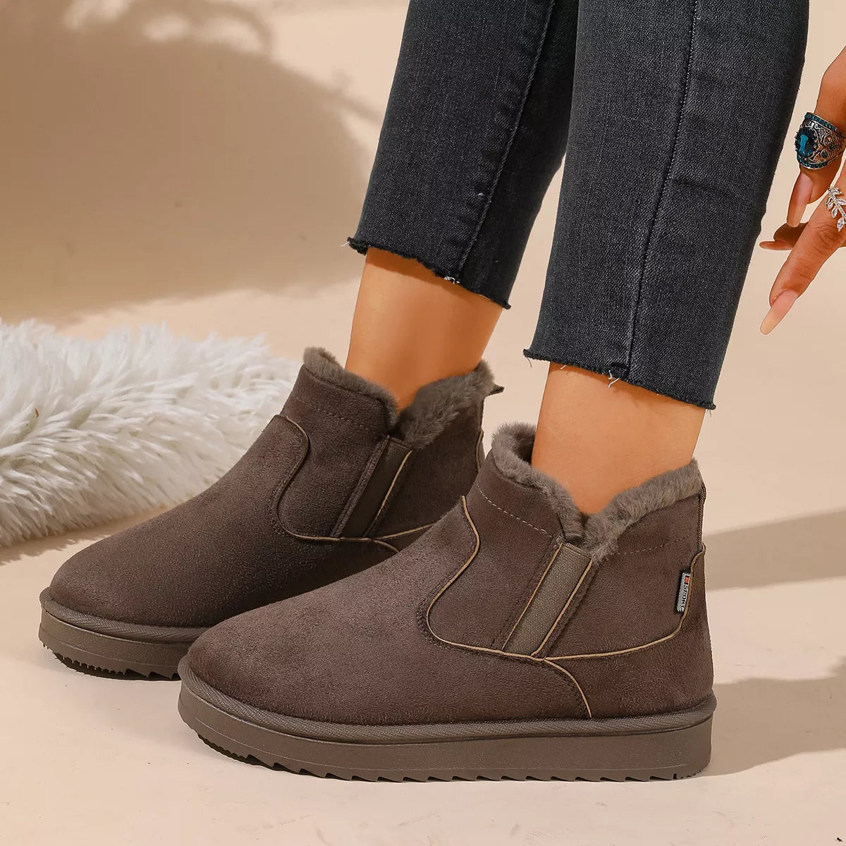 Plush Lined Winter Ankle Boots - Khaki - View 1
