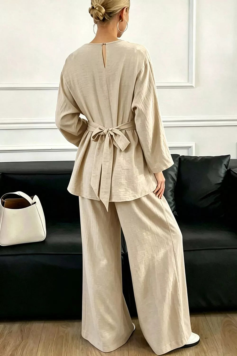 Metal Chain Waist Detail Top and Pants Set - All Colors - View 2
