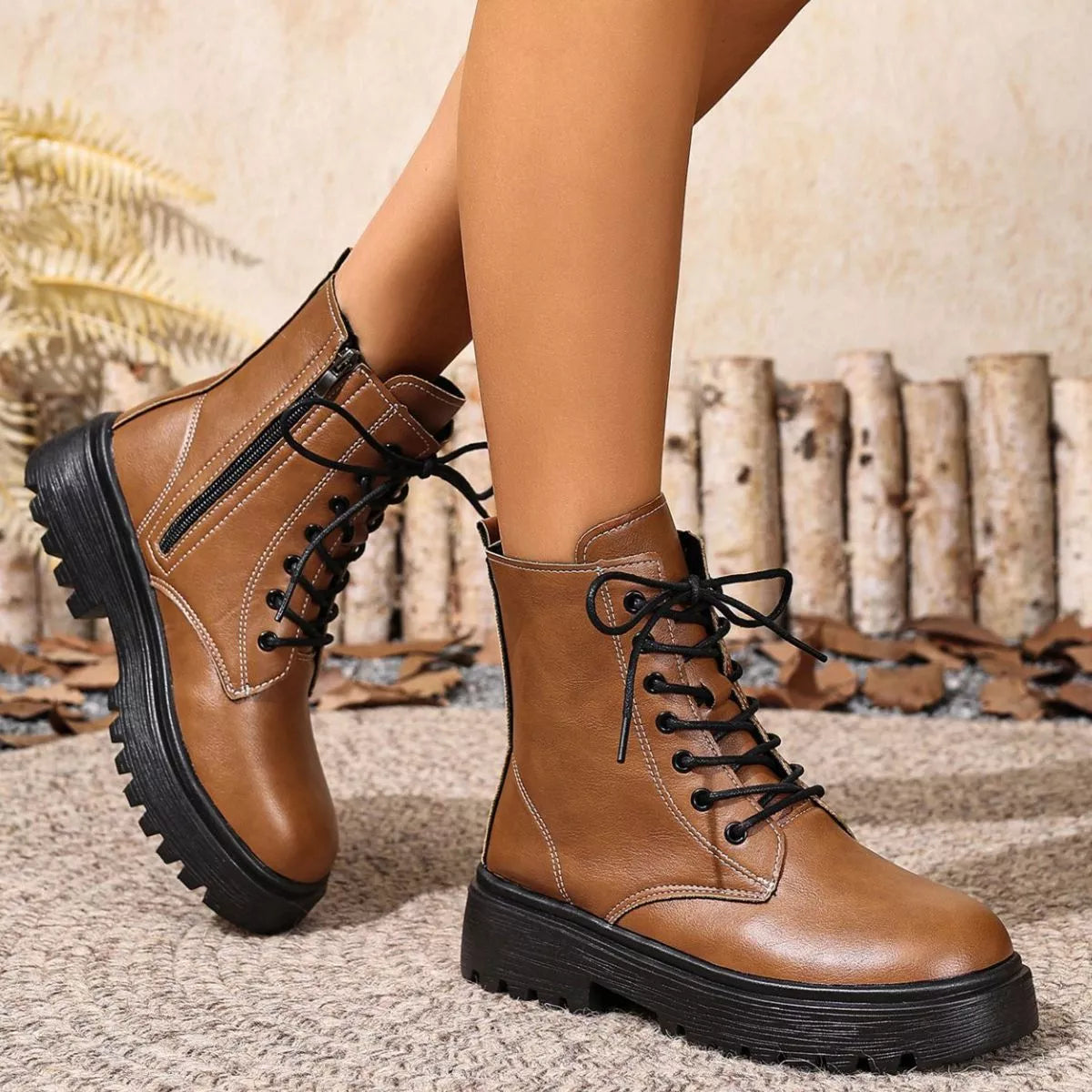 Round Toe Block Heels Boots - Brown - View 4