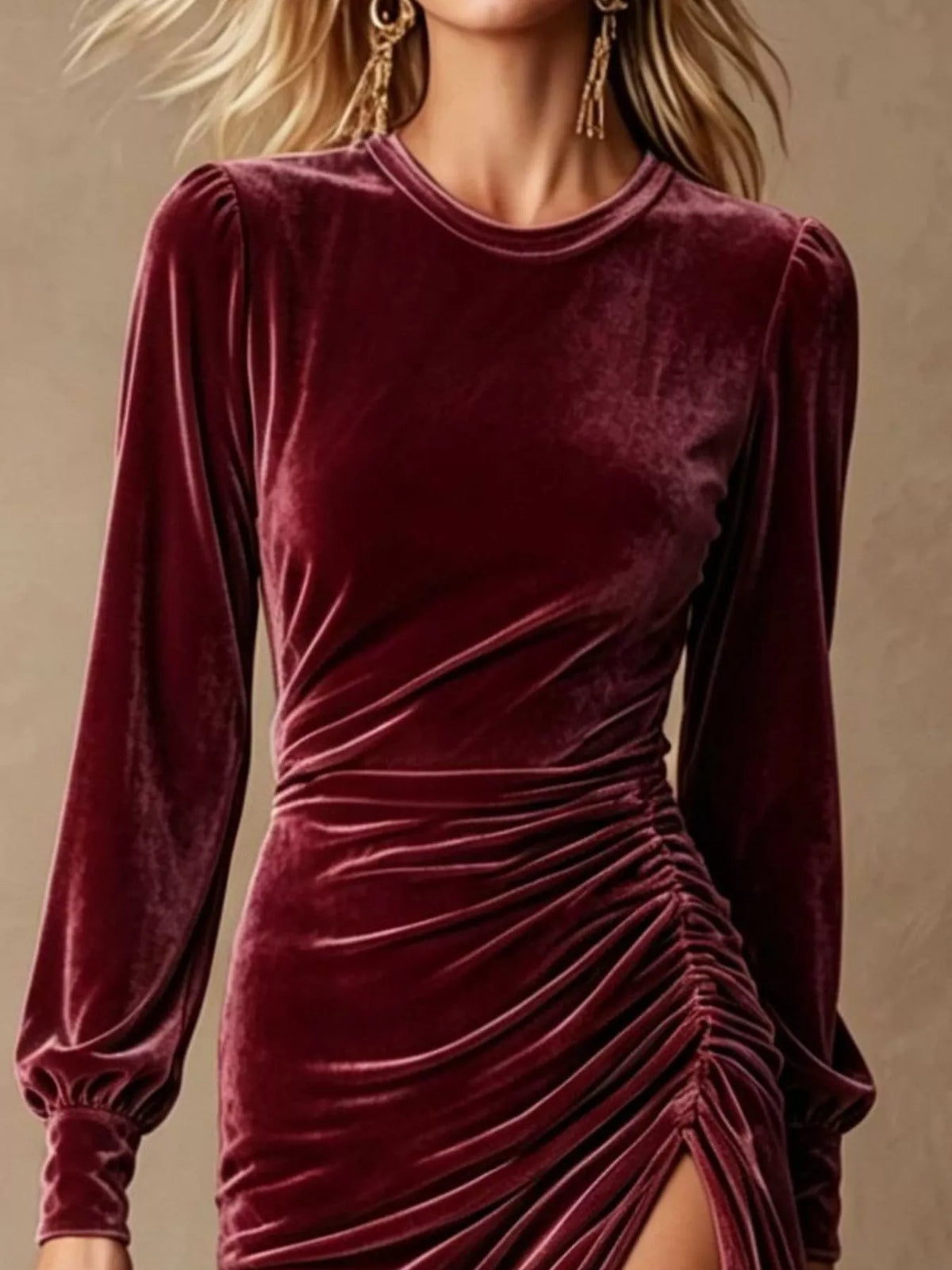 Velvet Ruched Long-Sleeve Slit Dress - Burgundy - View 2