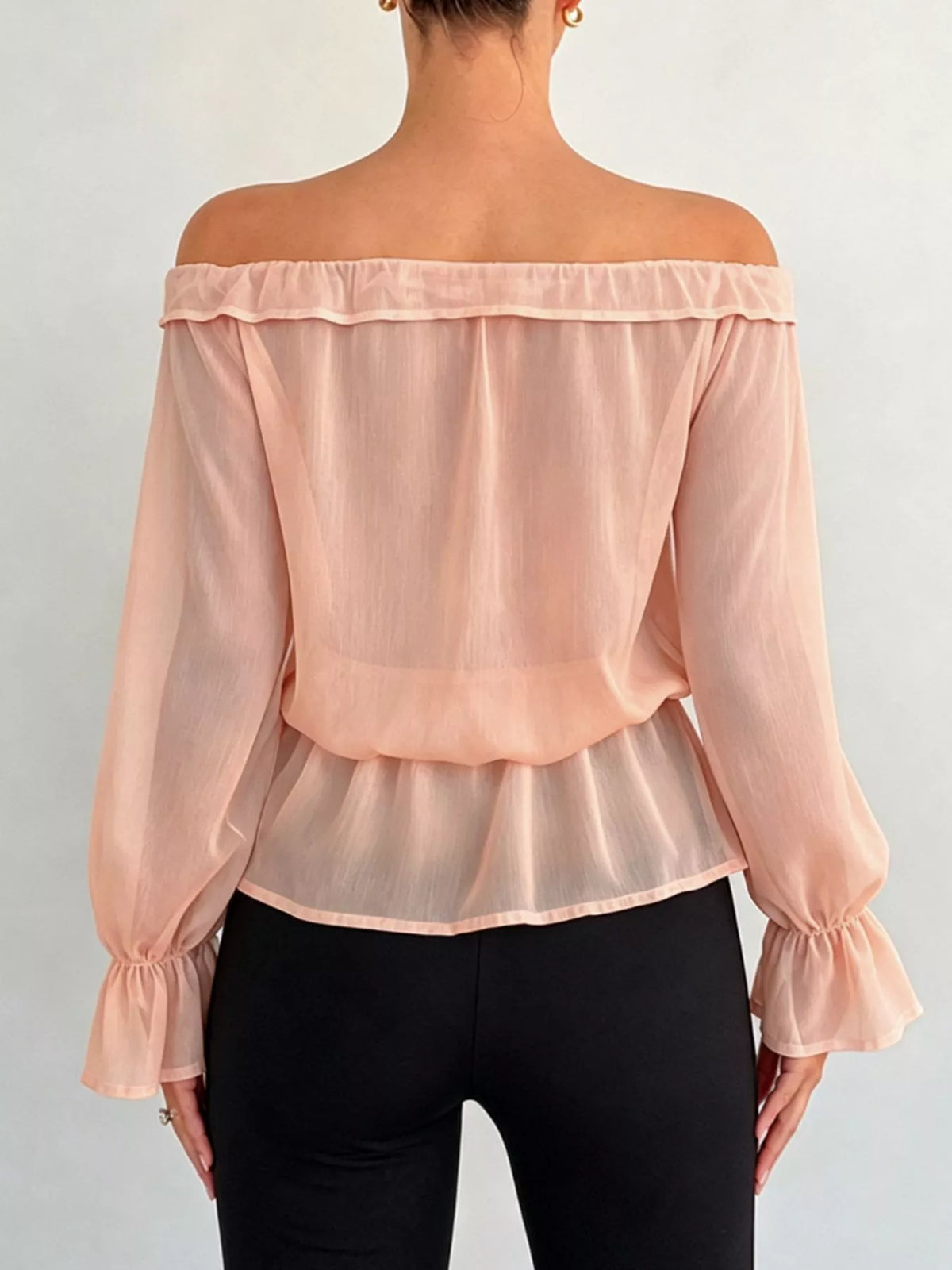 Off-Shoulder Flounce Sleeve Chiffon Blouse - Watermelon pink - View 3
