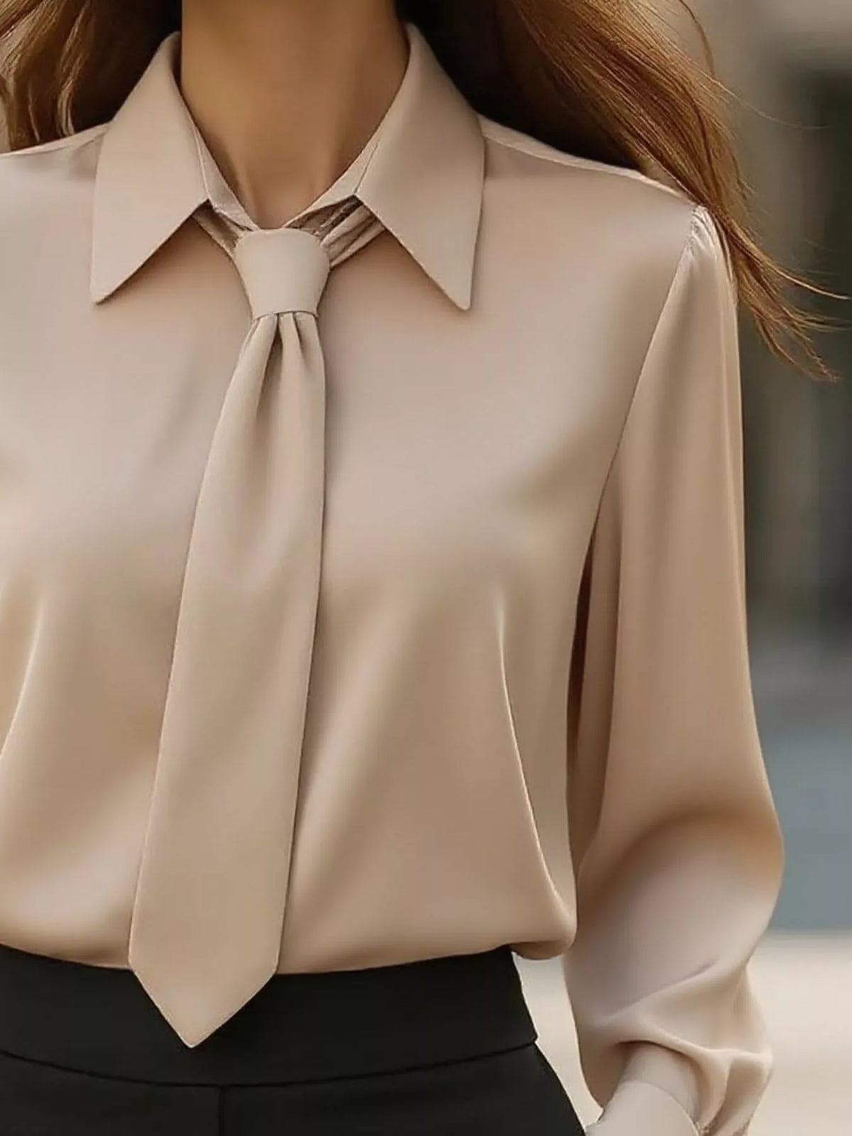 Collared Neck Long Sleeve Blouse - Khaki - View 11